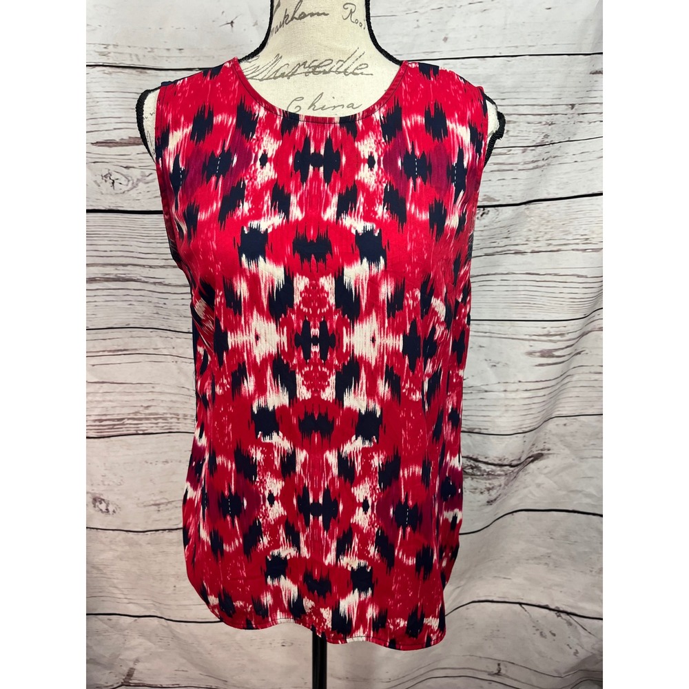 Willi Smith‎ Sleeveless Blouse Top Red White Navy Print Button Back Medium